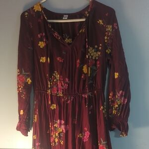 Old Navy Floral Burgundy Long Sleeve Dress Small